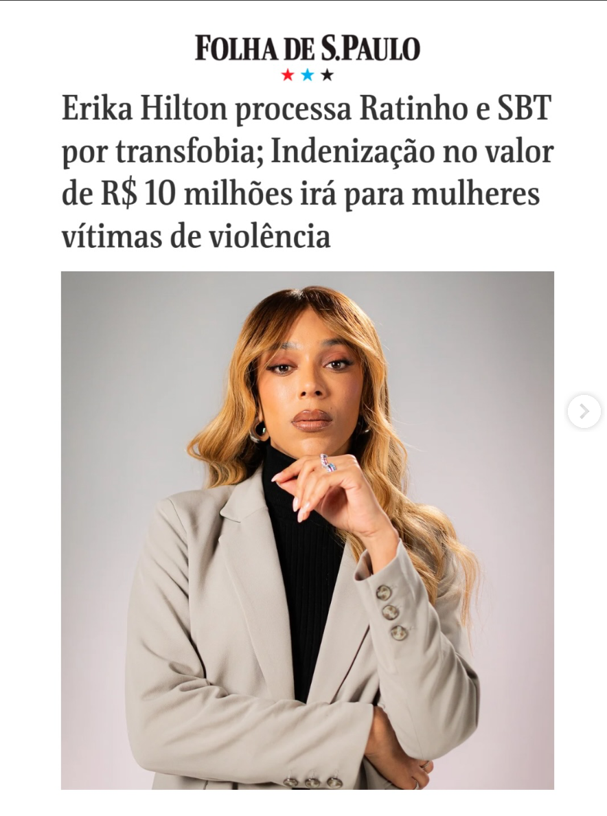 Erika Hilton move ação contra Ratinho por transfobia